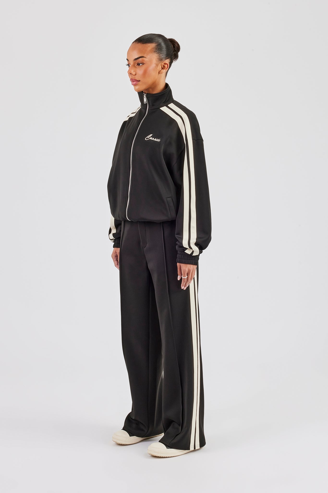 Funnel Neck Taping Zip Through Track Jacket & Tailored Trouser - Black